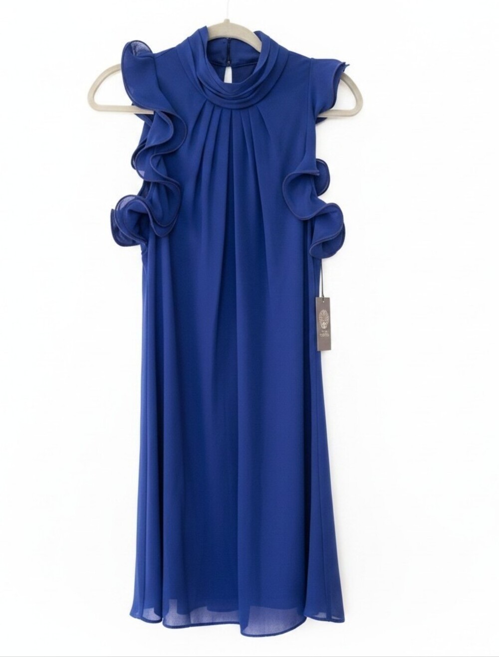 Vince Camuto Size 8 Cobalt Blue Ruffle Sleeve Mock Neck Dress New With Tags